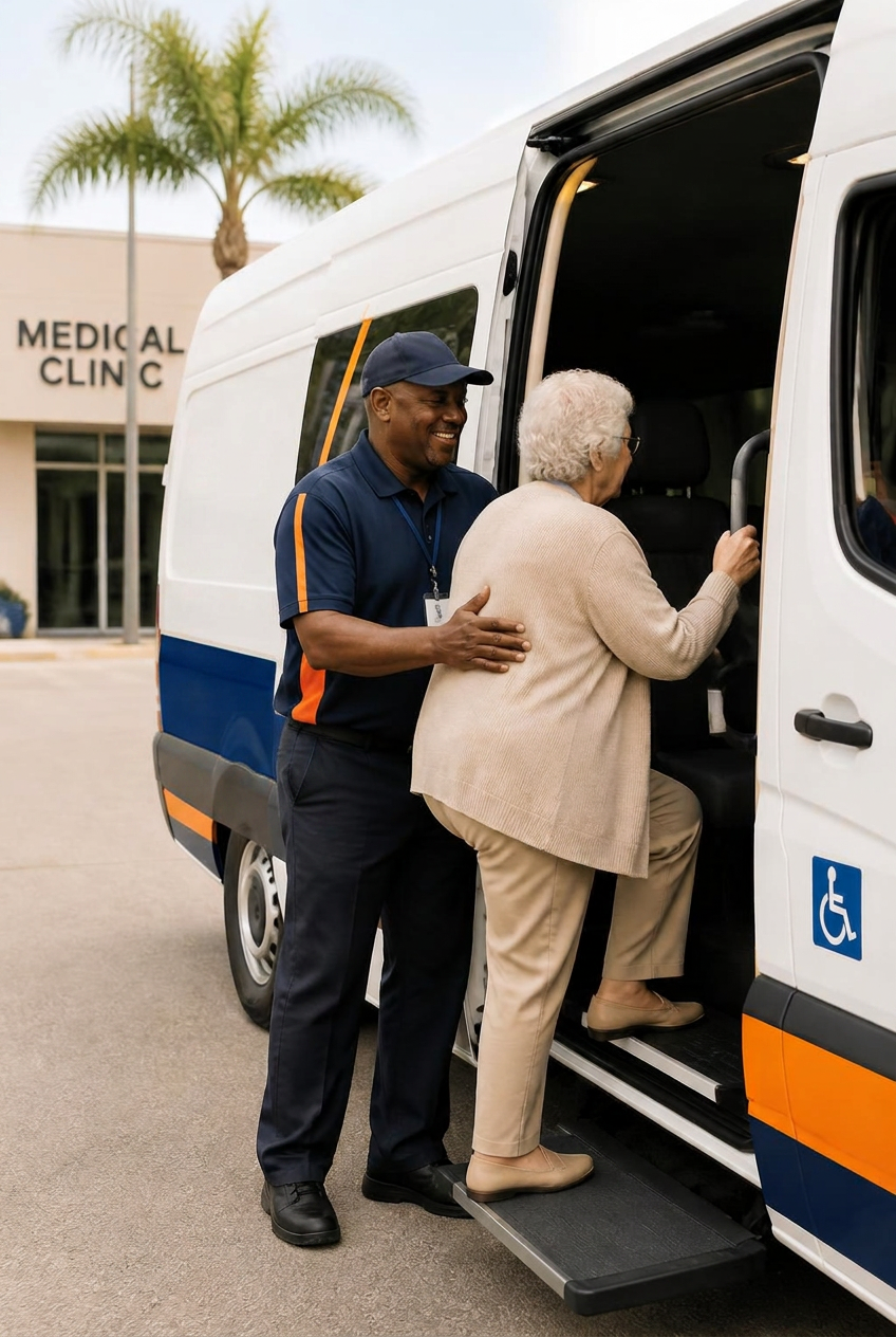 Transportation driver assisting a senior passenger into a wheelchair-accessible medical van